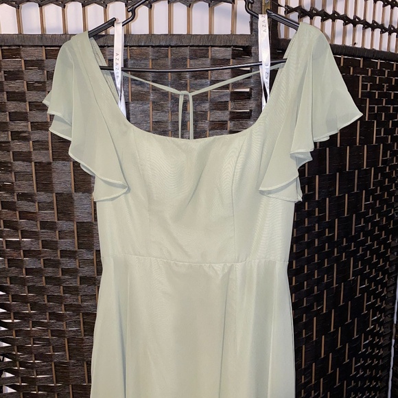 AZAZIE “Bondi” Pistachio A-Line Ruffled Chiffon Floor-Length Bridesmaid Dress - Picture 5 of 7